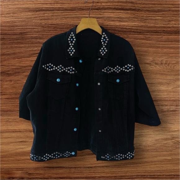 DG2 Diane Gilman Jean Jacket Women XL 3/4 Slv Studded Turquoise Rhinestone Black - Picture 2 of 6